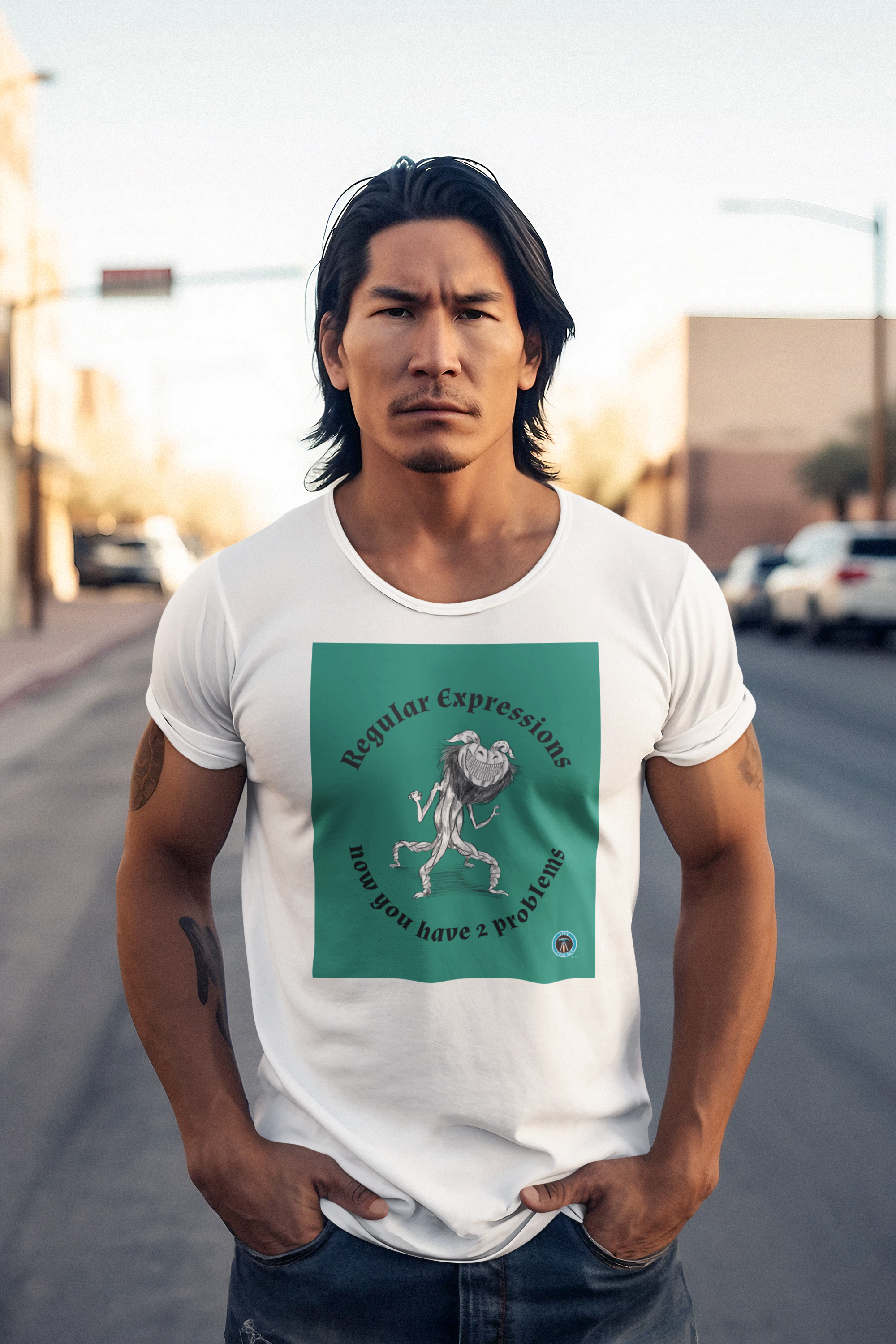 Man strolling down the street in his Now you have 2 problems t-shirt
