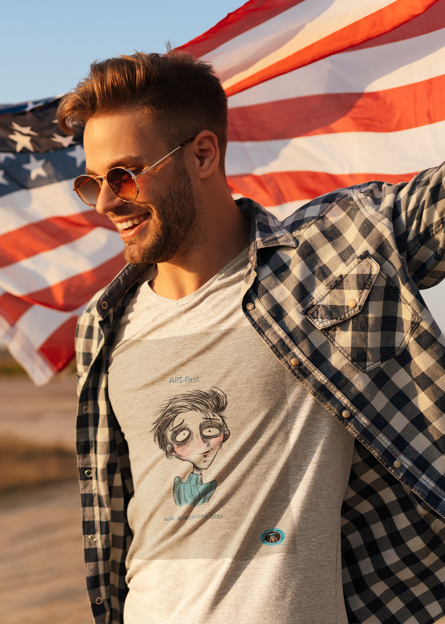 API First t-shirt on patriotic man