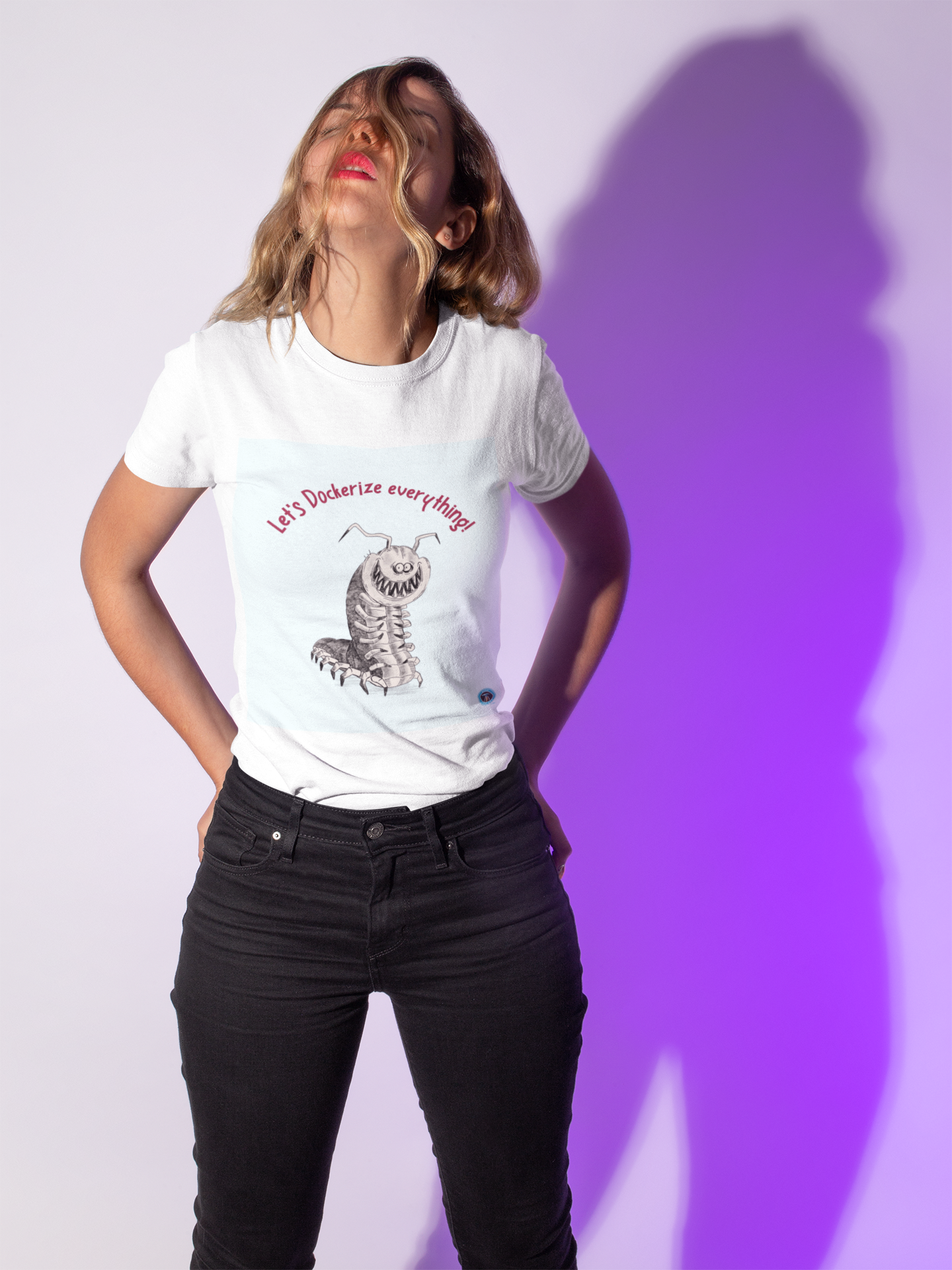 Woman with red lips in the spotlight enjoying her Let's Dockerize everything t-shirt