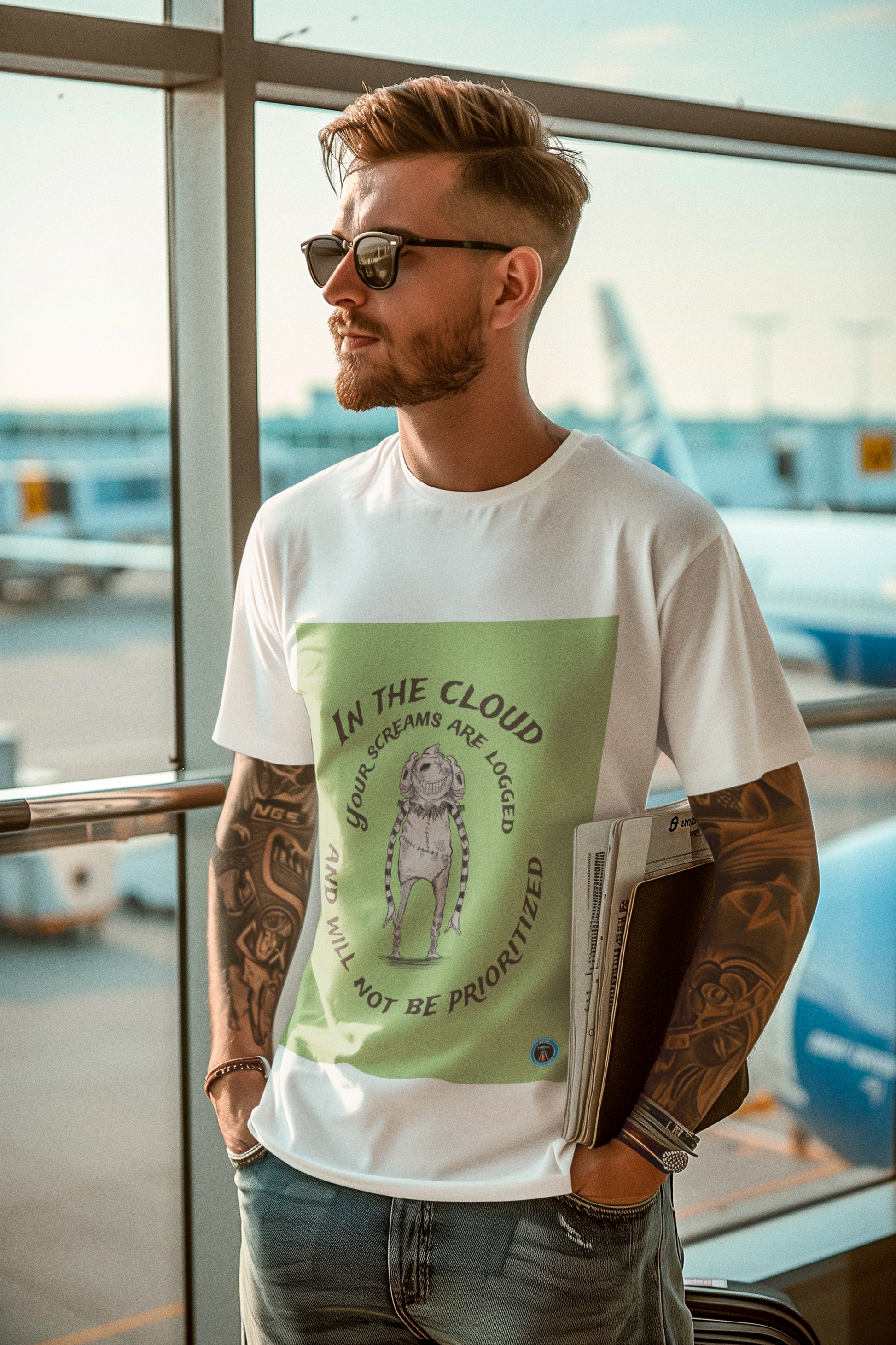 relaxed man wearing his in the cloud tshirt at an airport