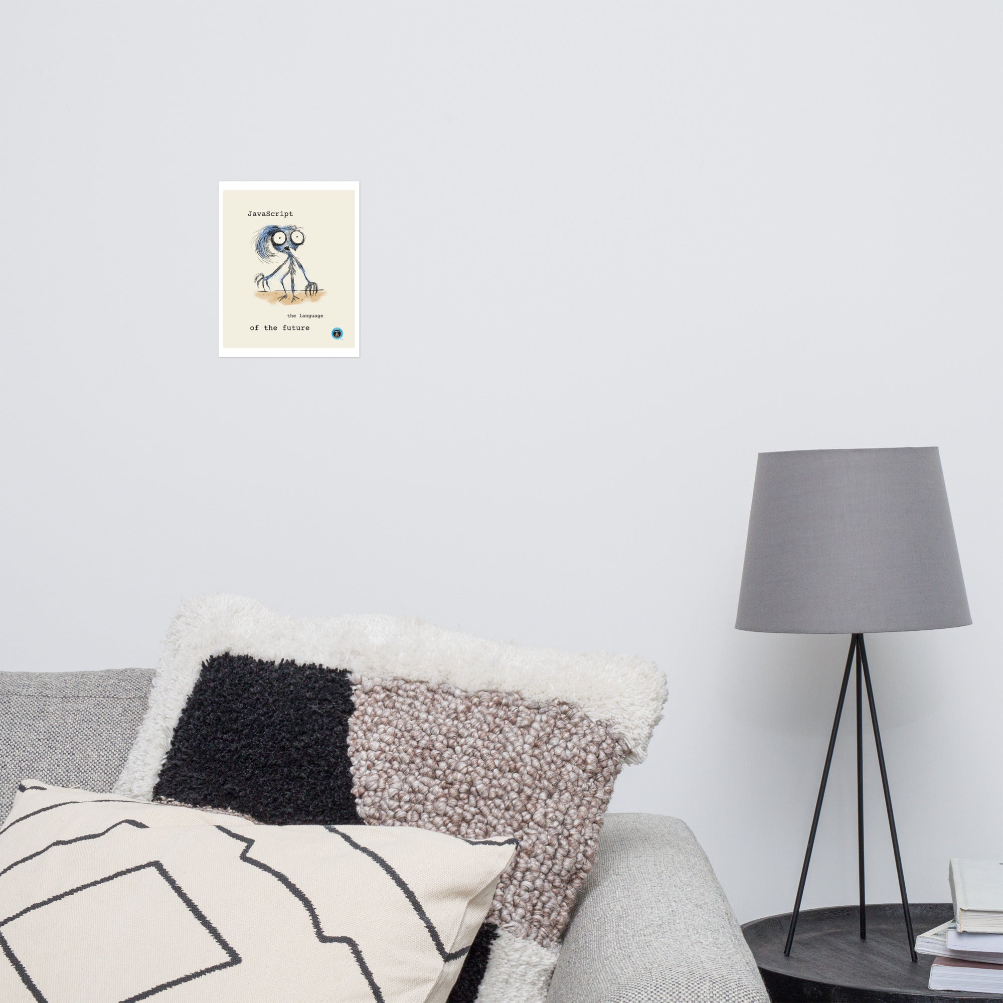 Javascript; language of the future 8" x 10" print above couch and lamp