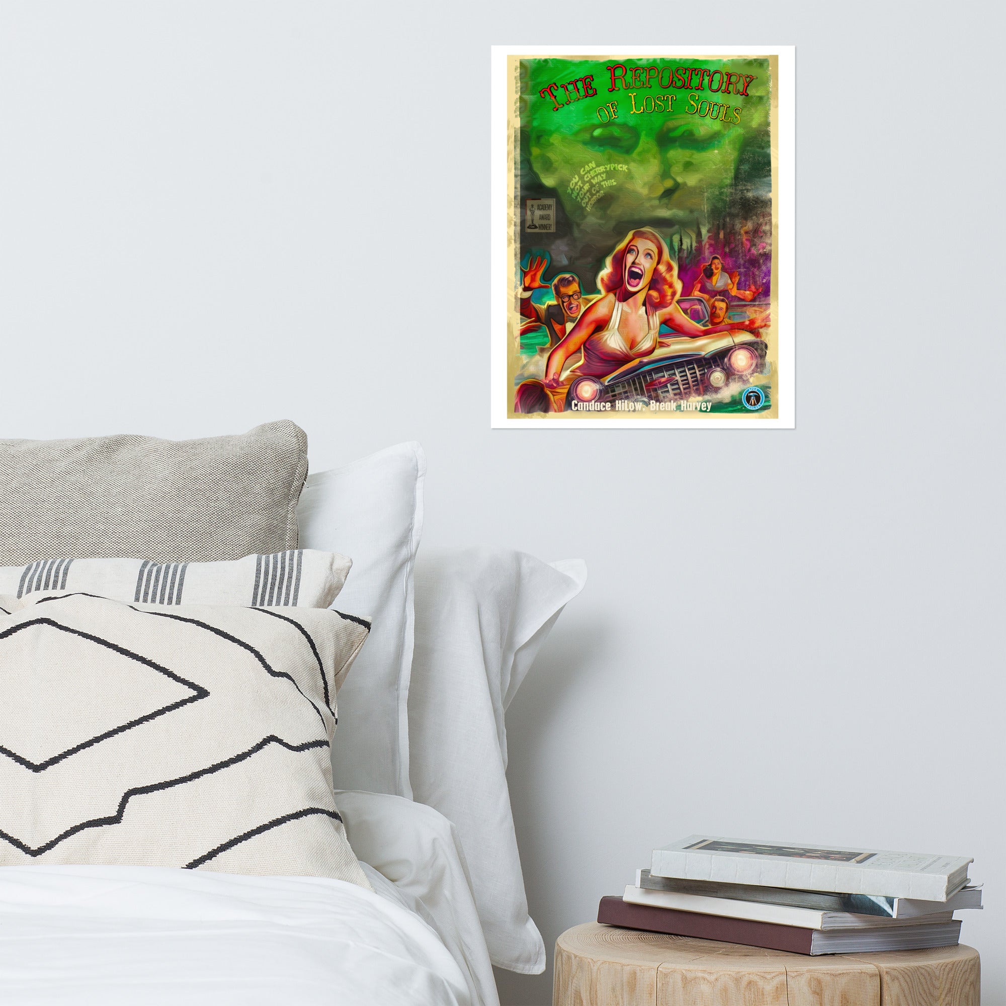 The repository of lost souls 16" x 20" print next to a bed and night table