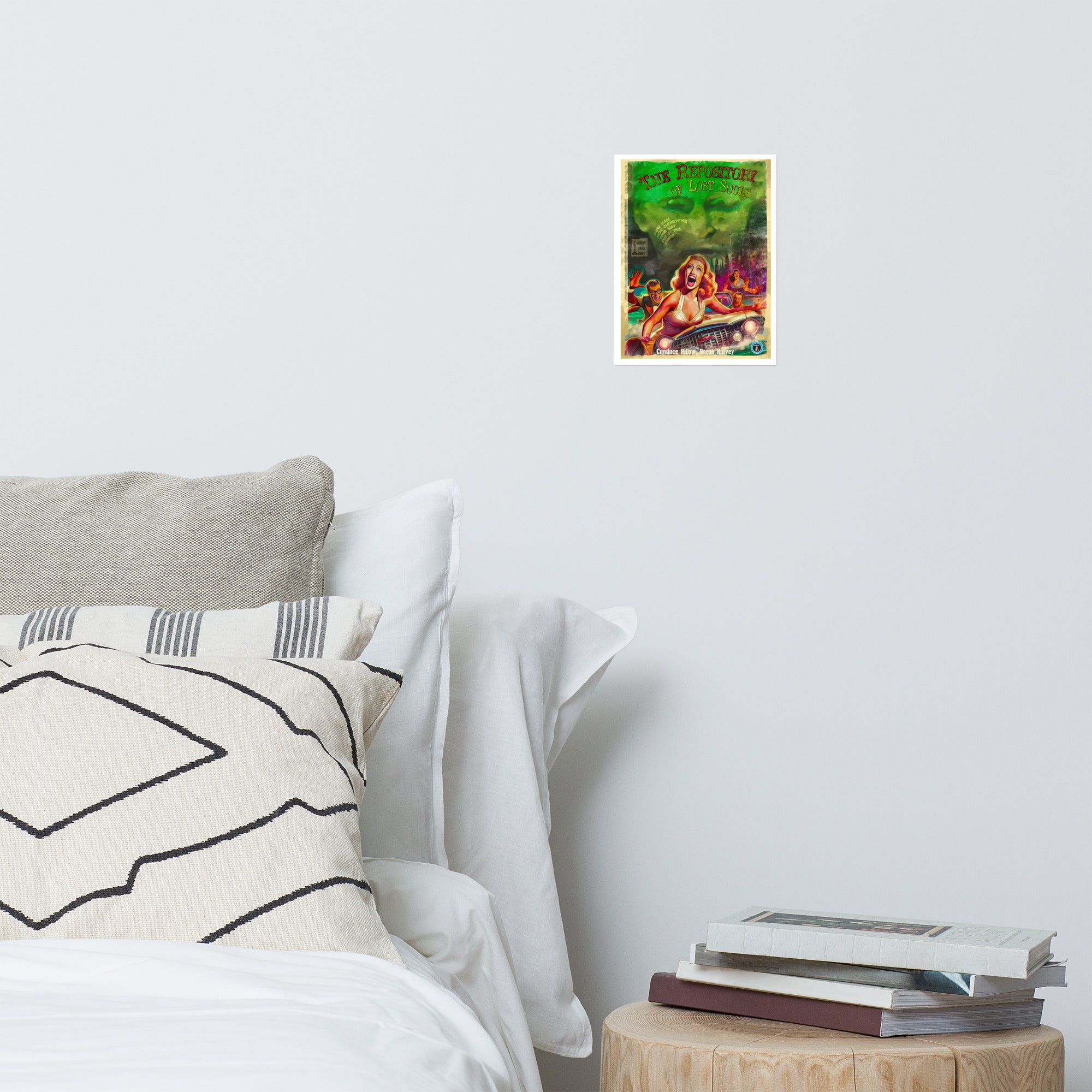 The repository of lost souls 8" x 10" print next to a bed and night table