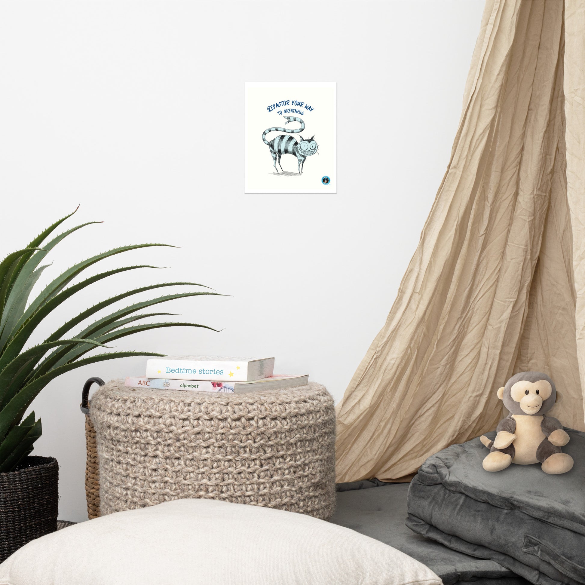 Refactor your way to greatness 8" x 10" print next to a nook with cushions