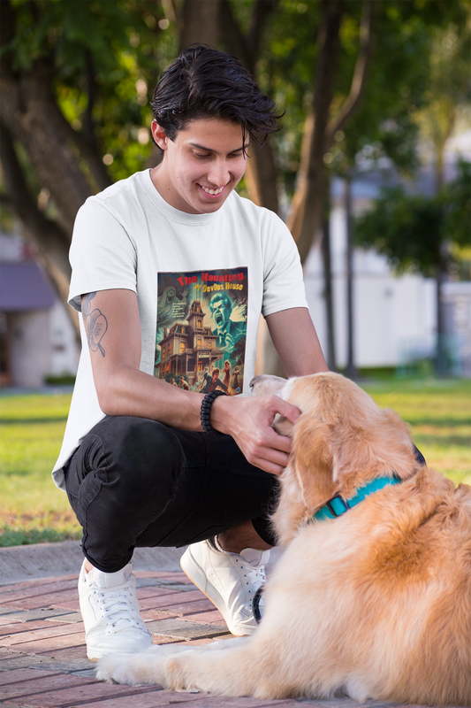 A young man in his The haunting of DevOps house t-shirt playing with his dog