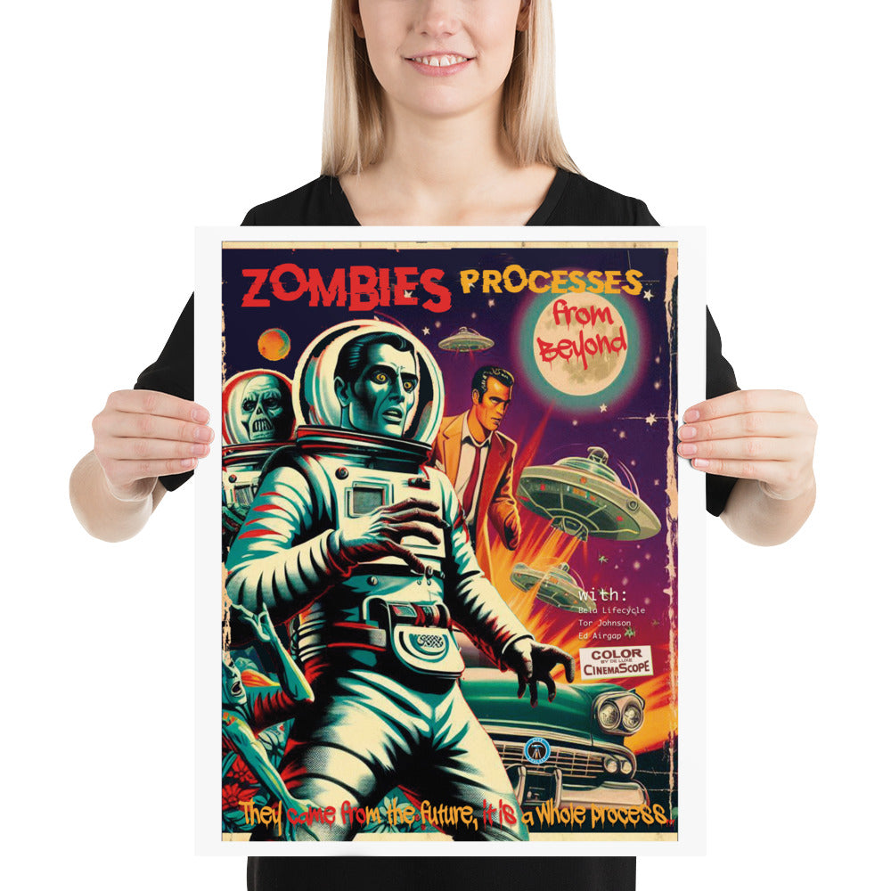 Blonde in black t-shirt holding up the Zombie processes from beyond 16" x 20" print