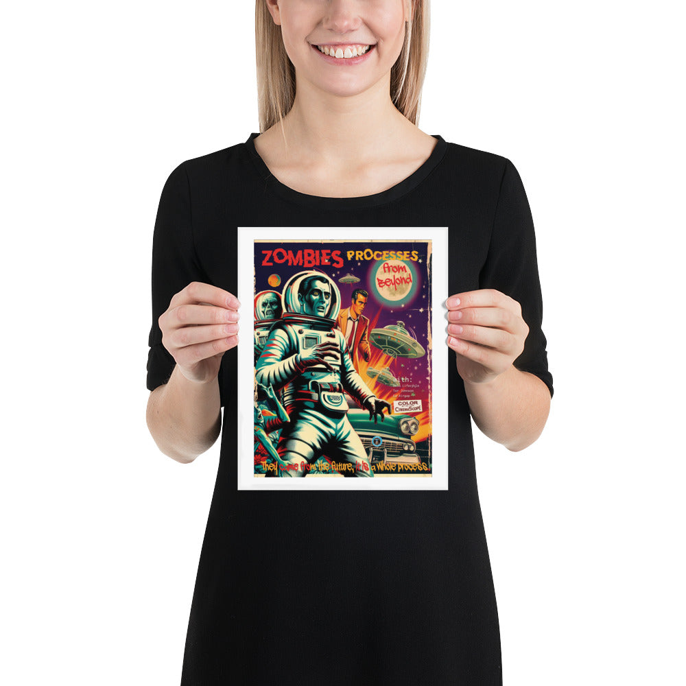 Blonde in black t-shirt holding up the Zombie processes from beyond 8" x 10" print