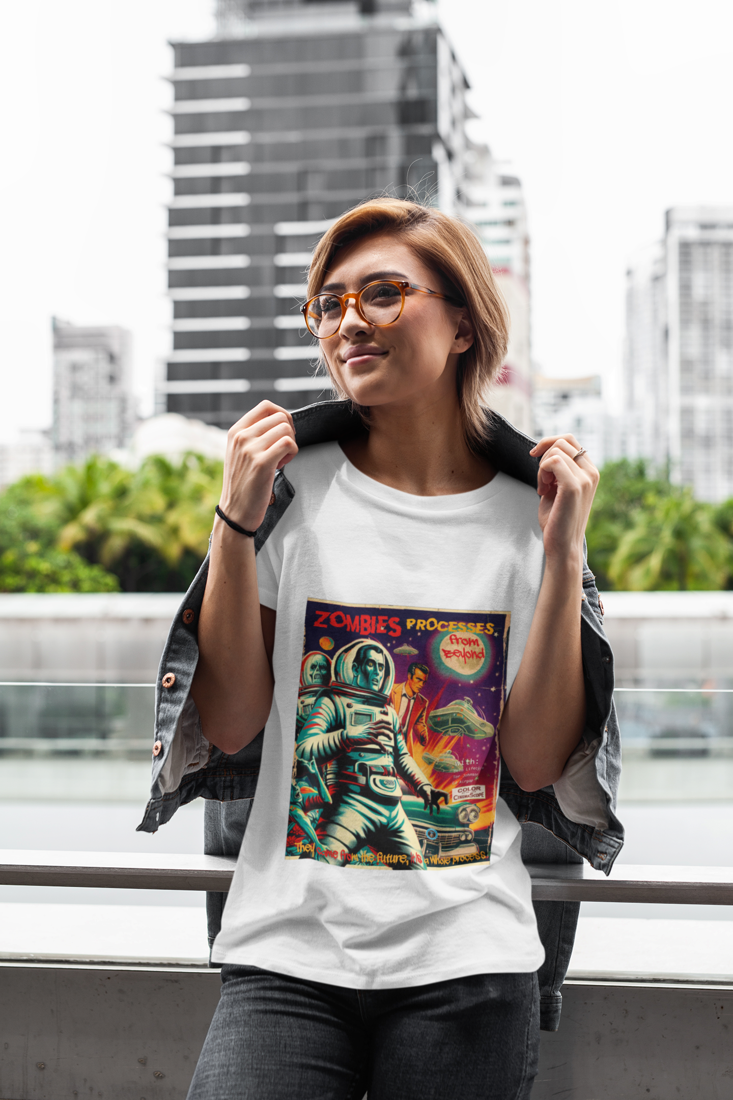 Joyful woman posing by a city street in her zombie processes from beyond t-shirt